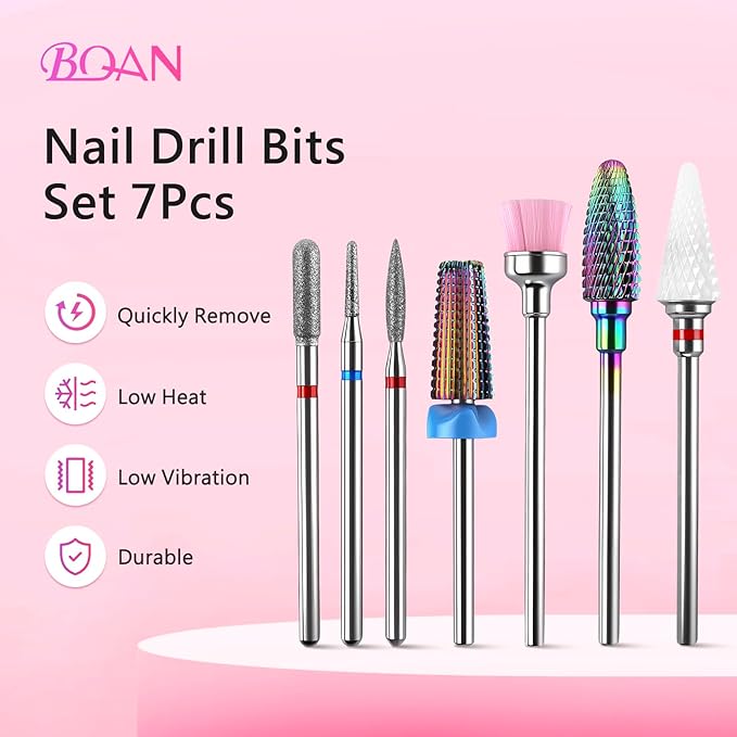 BQAN Nail Drill Bits Set, 7pcs Tungsten Carbide Diamond Drill Bits for Nail Tech, Remove Acrylic Gel Polish Cuticle, Manicure Pedicure Tools