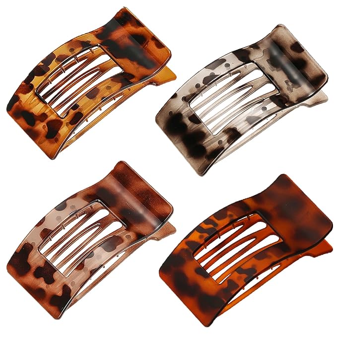4 Pack Large Flat Hair Clips for Women, Rectangle Non-slip Lay Down Claw Clips, French Strong Hold No Crease Barrettes for Thick & Thin Hair, Stylish Square Hair Accessories(Tortoise)