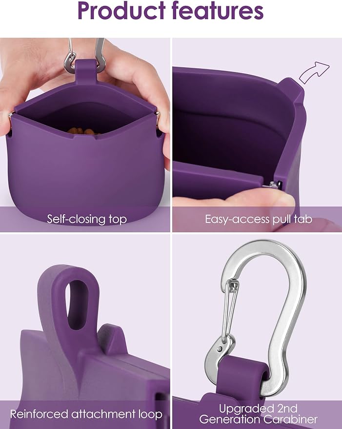 RBibei【One-Hand Access Silicone Dog Treat Pouch, Small Pocket Sized Training Pouch with Pull Tab & Auto Closing Lid for Easy Pet Training & Walking (Purple)