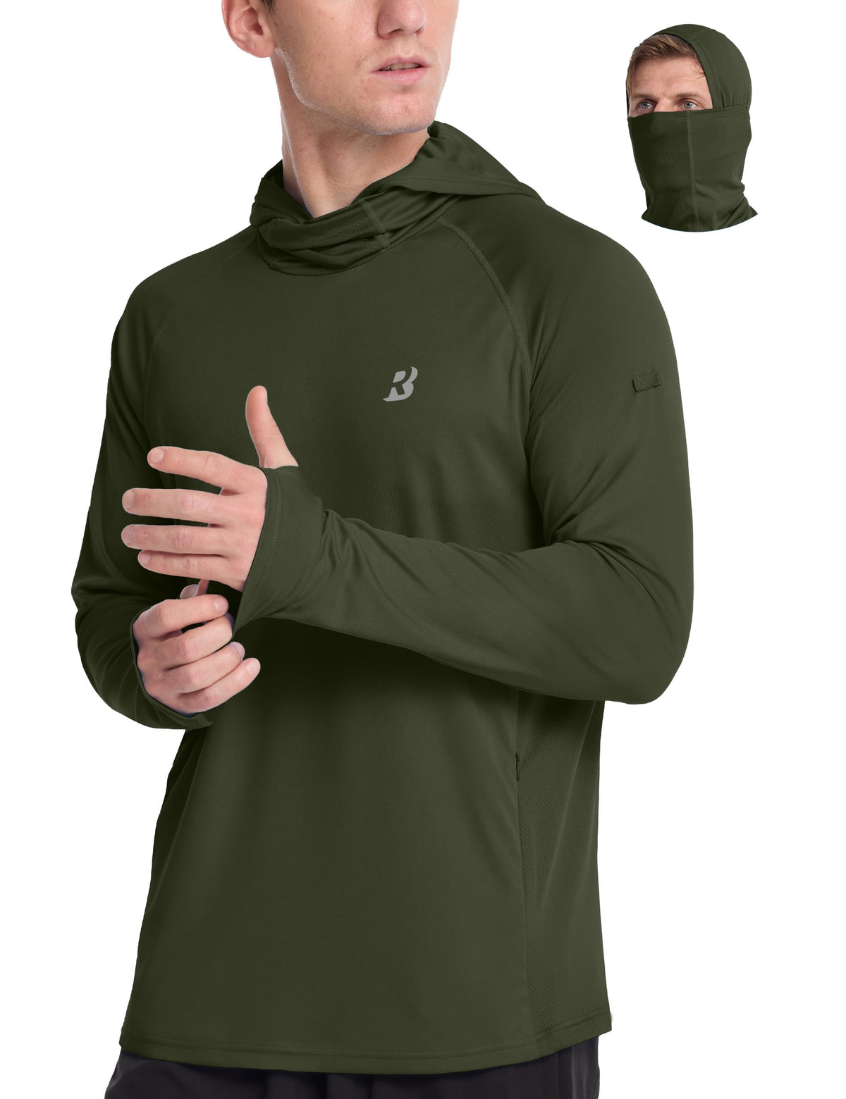 Roadbox Mens UPF 50+ Sun Protection Hoodie, Long Sleeve Fishing Shirt with Mask, Lightweight UV SPF Hooded for Hiking Running Dark Green