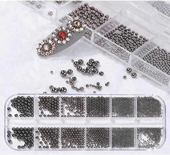 0.8mm Mini Small Nail Beads Stainless Steel Beads Black Nail Charms Nails Art Decorations Gun Grey Rose Gold Caviar Nail Charms DIY Tool Nail Studs Accessories Caviar Tips for Manicure (Black)