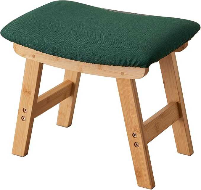 Kitsanery Foot Stool,Ottoman,Bamboo Small Sofa Foot Rest Under Desk,Extra Seating for Living Room, Bedroom and Kitchen (Natural Stool Legs - Green Surface)