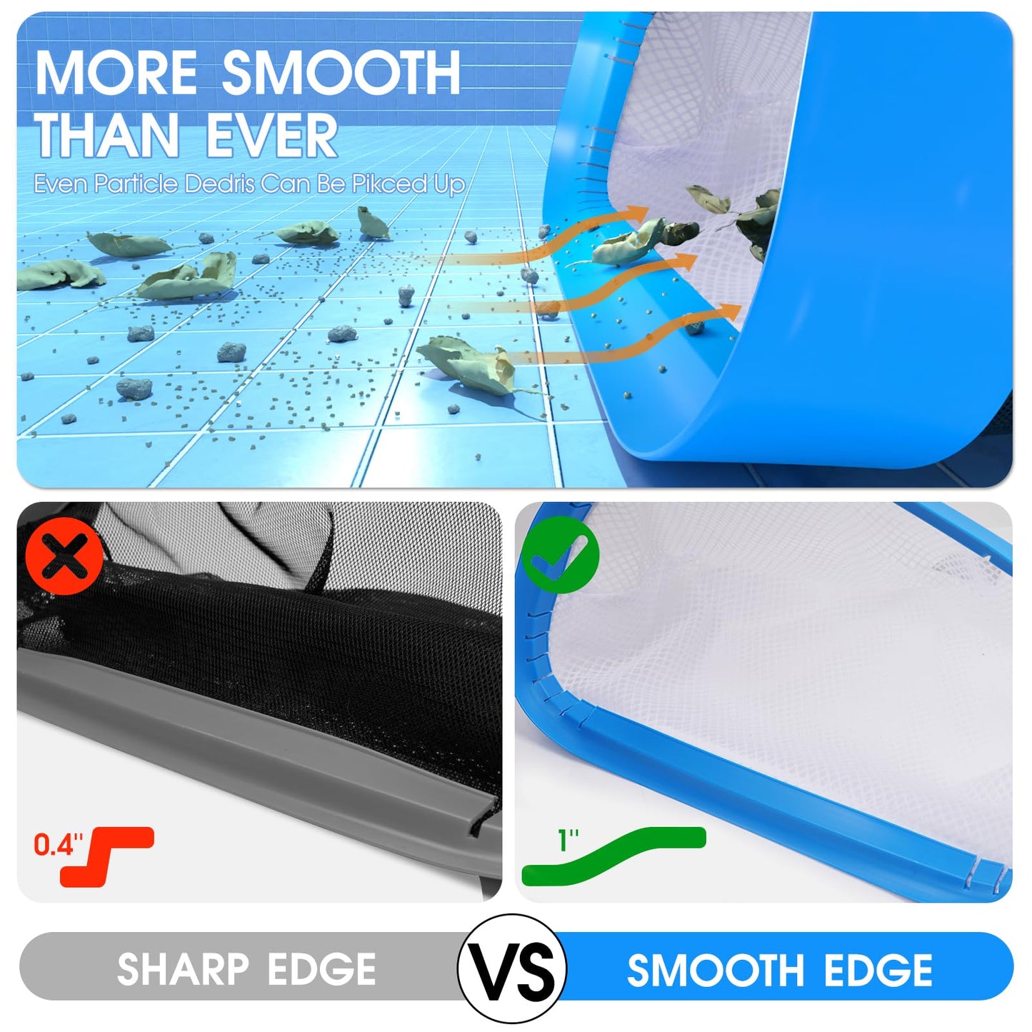 TidyMister New Diamond Netting Double-Layer Pool Net 18'' Heavy Duty Leaf Rake Pool Skimmer Net for Above Ground & Inground Pools Cleaning