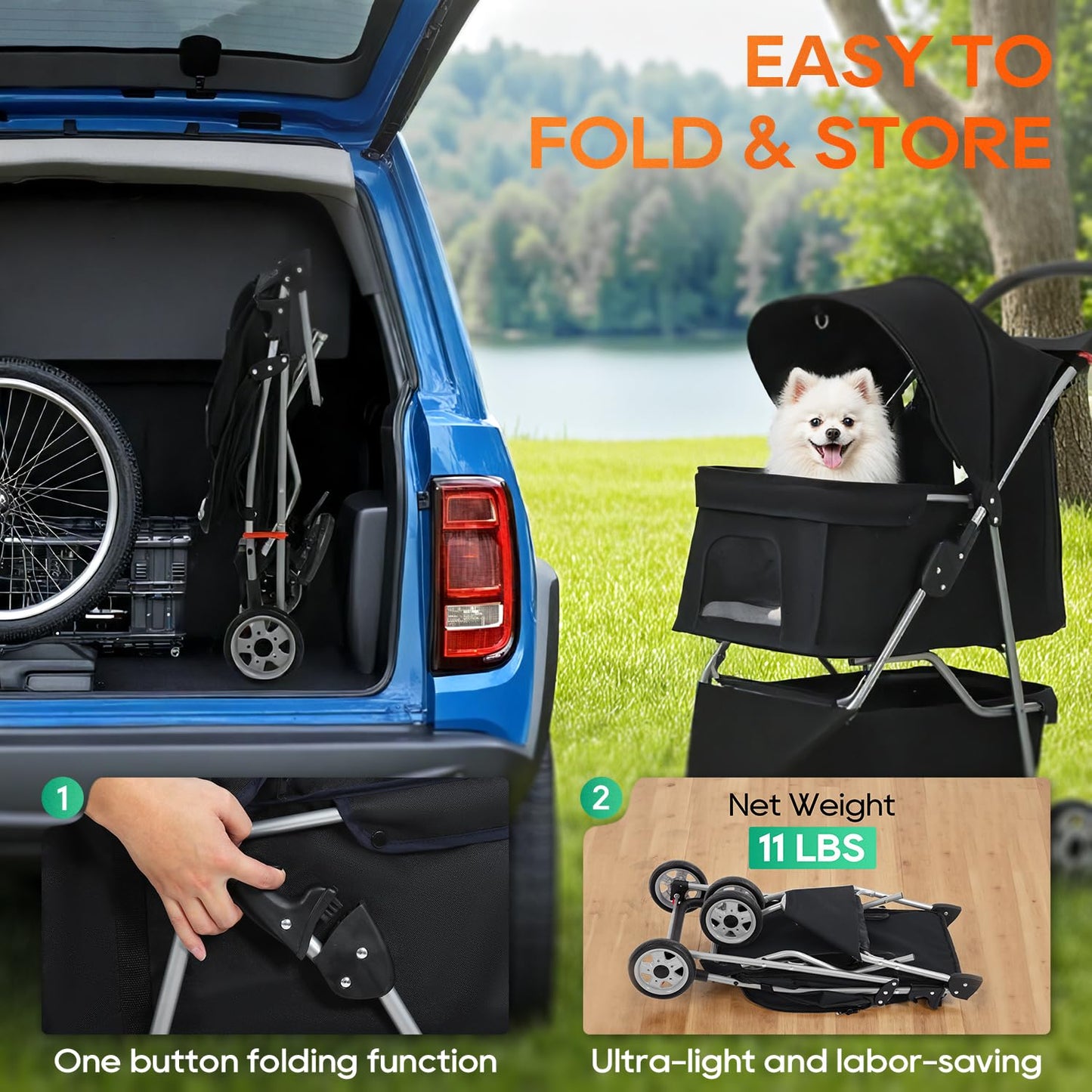 BestPet | 3-Wheel Pet Stroller | Dog and Cat Stroller | Breathable Mesh | Lightweight Travel Carrier | Waterproof & Foldable Design | Storage Basket | Black | for Daily Walks & Outdoor Use
