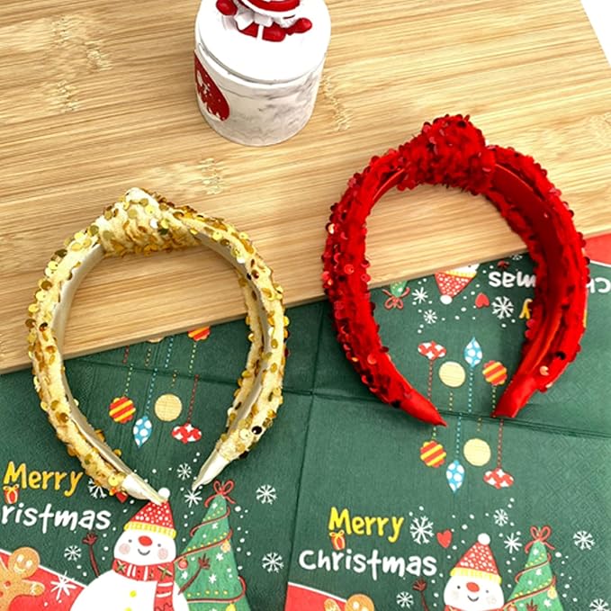 Christmas Knotted Headbands for Women Girls Non Slip Toddler Girl Sequin Headbands Wide Top Knot Head Bands Velvet Hairbands Fashion Hair Accessories for Girl (Red & Gold, 2Pcs)