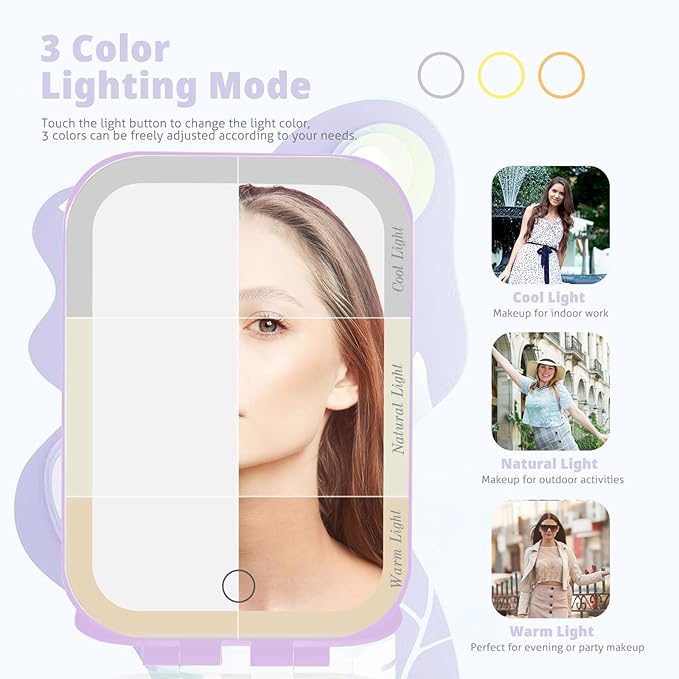Travel Makeup Mirror, Portable Mirror with 3 Adjustable Light Settings, USB-Rechargeable Vanity Mirror with Lights, Gift for Women and Girls (Purple)