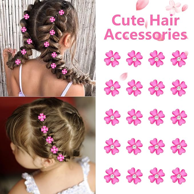 YISSION 20 Pcs Mini Hot Pink Flower Hair Clips with Rhinestone Cute Hair Pins Decorative Hair Clips Wedding Hair Barrettes Bridal Hair Accessories for Girls Women