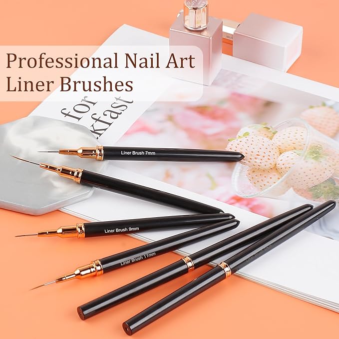 7PCS Metallic Nail Art Brushes Set, 7/9/11/15/25mm Liner Brush For Nails Gel, Super Fine Painting Art Design Pen for Long-Line Patterns, Detailed Outlines, Geometric Shapes (Black)