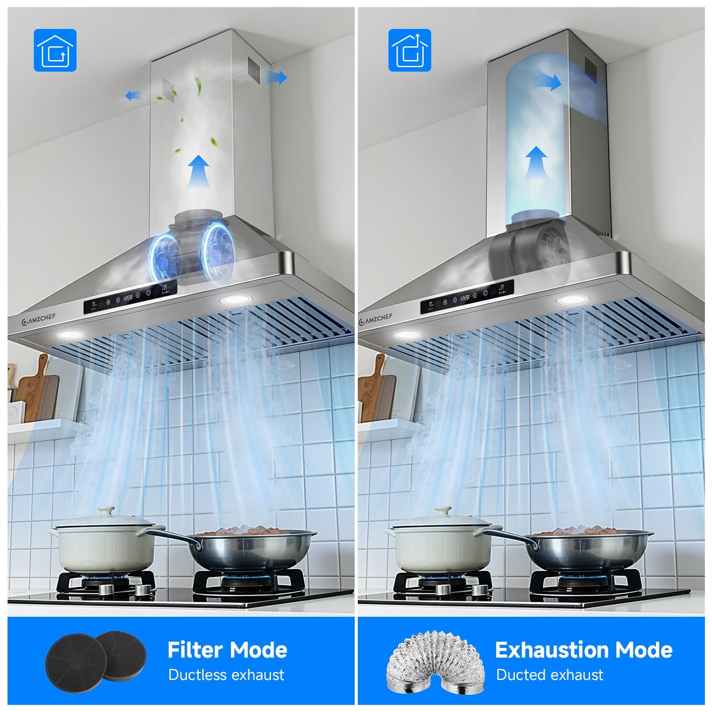 AMZCHEF Wall Mount Range Hood 30 inch: 1050 CFM Stainless Steel Kitchen Stove Vent Hood with 3 Speed Exhaust Fan, Touch/Remote/Gesture Control Kitchen Exhaust Fan with Dishwasher-Safe Baffle Filters