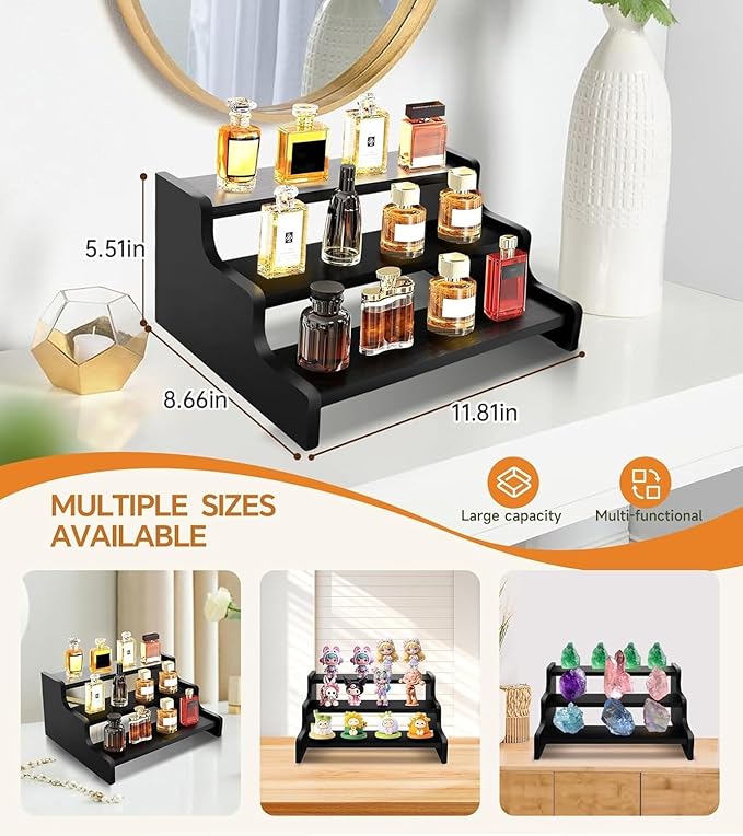 Wooden Cologne Organizer for Men, Perfume Organizer Stand, Cologne Stand with Anti-Slip Washers, Wooden Display Risers Stand for Dessert, Cupcake, Black, 3-tier-11.8in