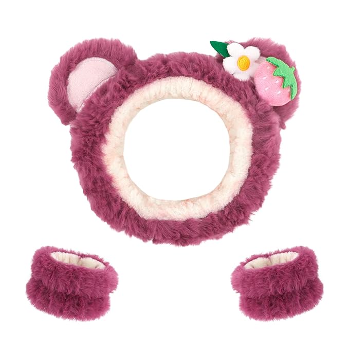 CAVETEE 3 Piece Pink Bear Ears Headband Set - Elastic Headband, Wristband for Women, Girls Wash Face, Skincare, Shower
