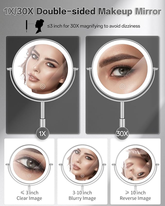 VFD 30X/1X Makeup Mirror with Lights, Height Adjustable Lighted Magnifying Vanity Mirror with 3 Lighting and Adjustable Brightness, 3000mAh Rechargeable Double Sided Switch for Desk Women Gift