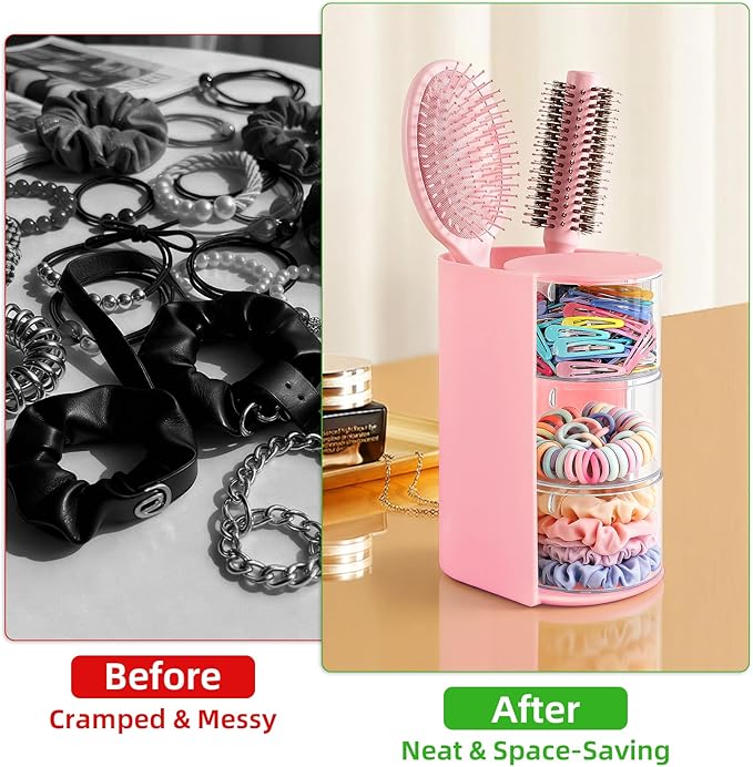 neotidy Hair Accessories Organizer with Hair Brush Holder, Rotating Hair Tie Product Organizer for Girls, 3-Tier Makeup Brush Holder for Clips, Bows & Brushes (Pink, 3-Tier)