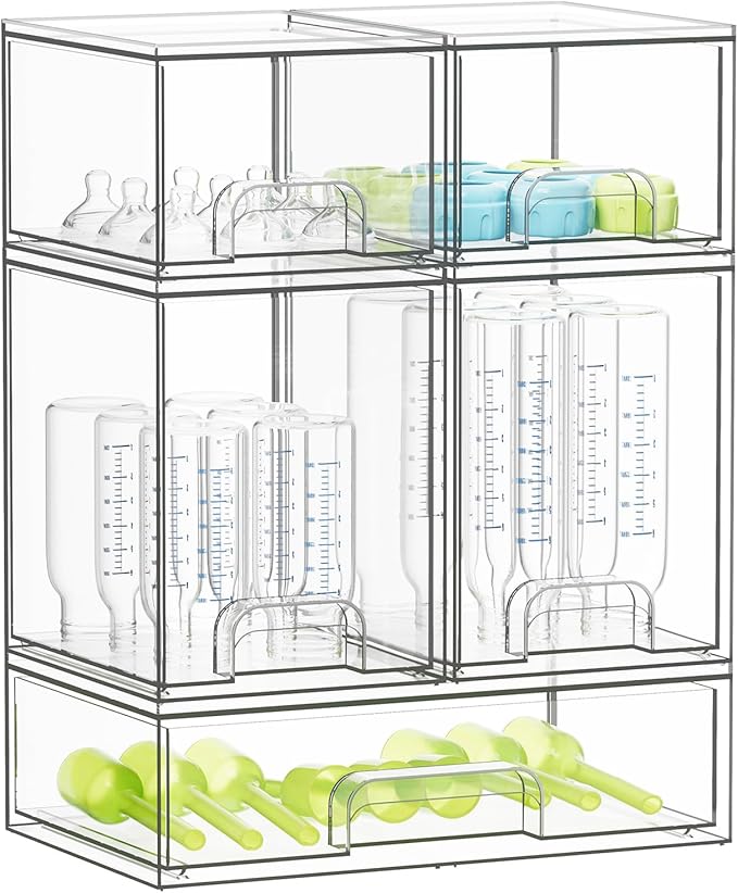 SpaceAid Bottle Storage Organizer Baby - Acrylic Bottles Station Organizer Container, Stackable Clear Drawers for Countertop, Vanity, Bathroom, Cabinet, Pantry Organization, 5 Pack, 2S2M1L, 15.4" H
