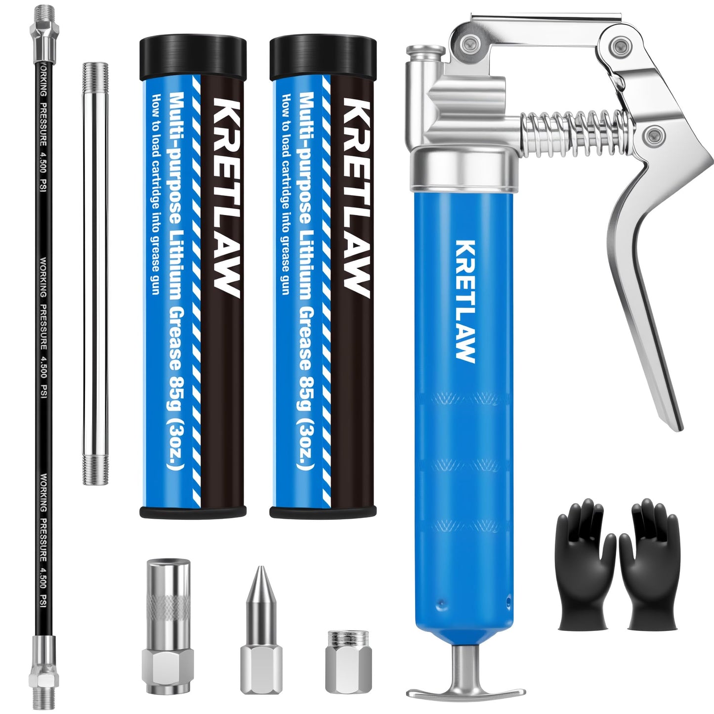 KRETLAW Mini Grease Gun (3000PSI) with Double 3oz Cartridge Grease and 12'' Flex Hose, Reinforced Coupler for Automotive,Marine