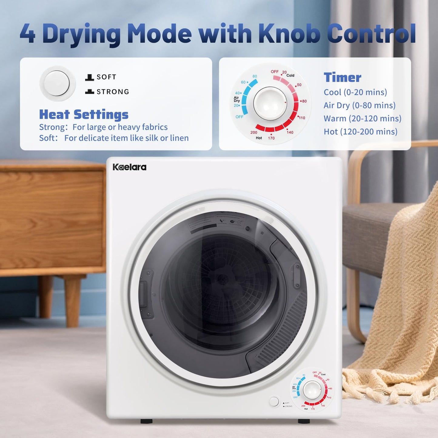 Kaelara Portable Dryer, 3.5 Cu.ft Portable Dryers for Laundry with Stianless Steel Tub, 1500W Clothes Dryer Machine for Home, Apartment, 4 Dring Mode, Auto-shutt off, White