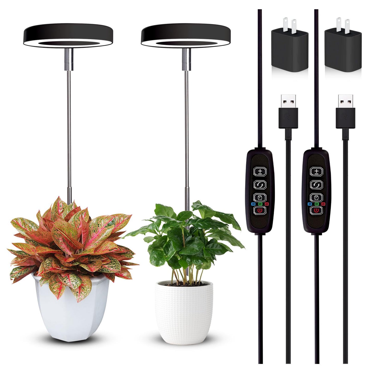 Grow Lights for Indoor Plants Small Potted - Full Spectrum, Auto 3/9/12H Timer, 10-Level Dimming & Adjustable Height - Compact Grow Light for Succulents, Herbs, Foliage in Home/Office (Black,2PACKS)