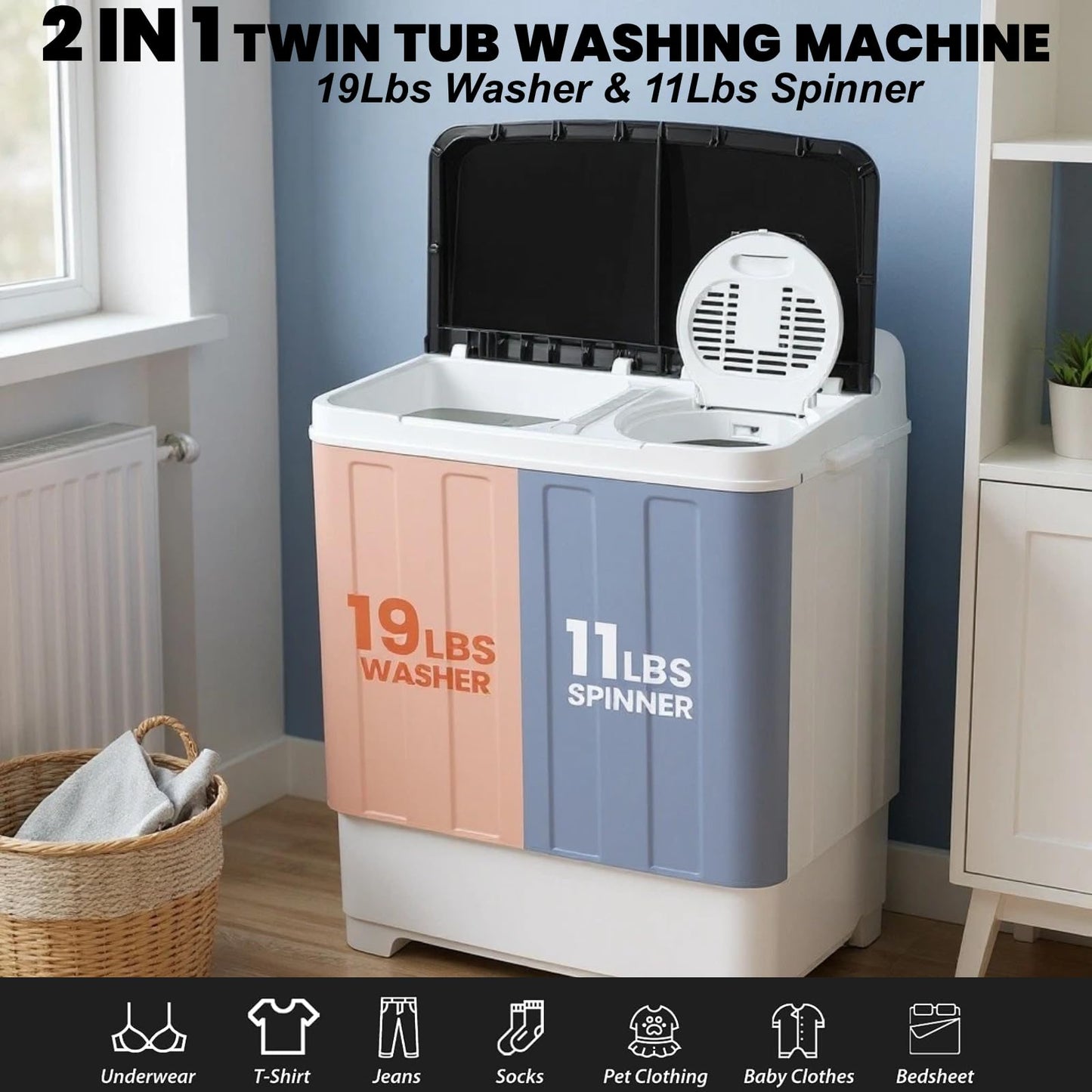 Nictemaw Portable 30Lbs Twin Tub Washing Machine Washer and Dryer Combo, Compact Laundry Machine with Drain Pump, Time Control, Semi-Automatic 19Lbs Washer and 11Lbs Spinner for Apartment Dorms RV