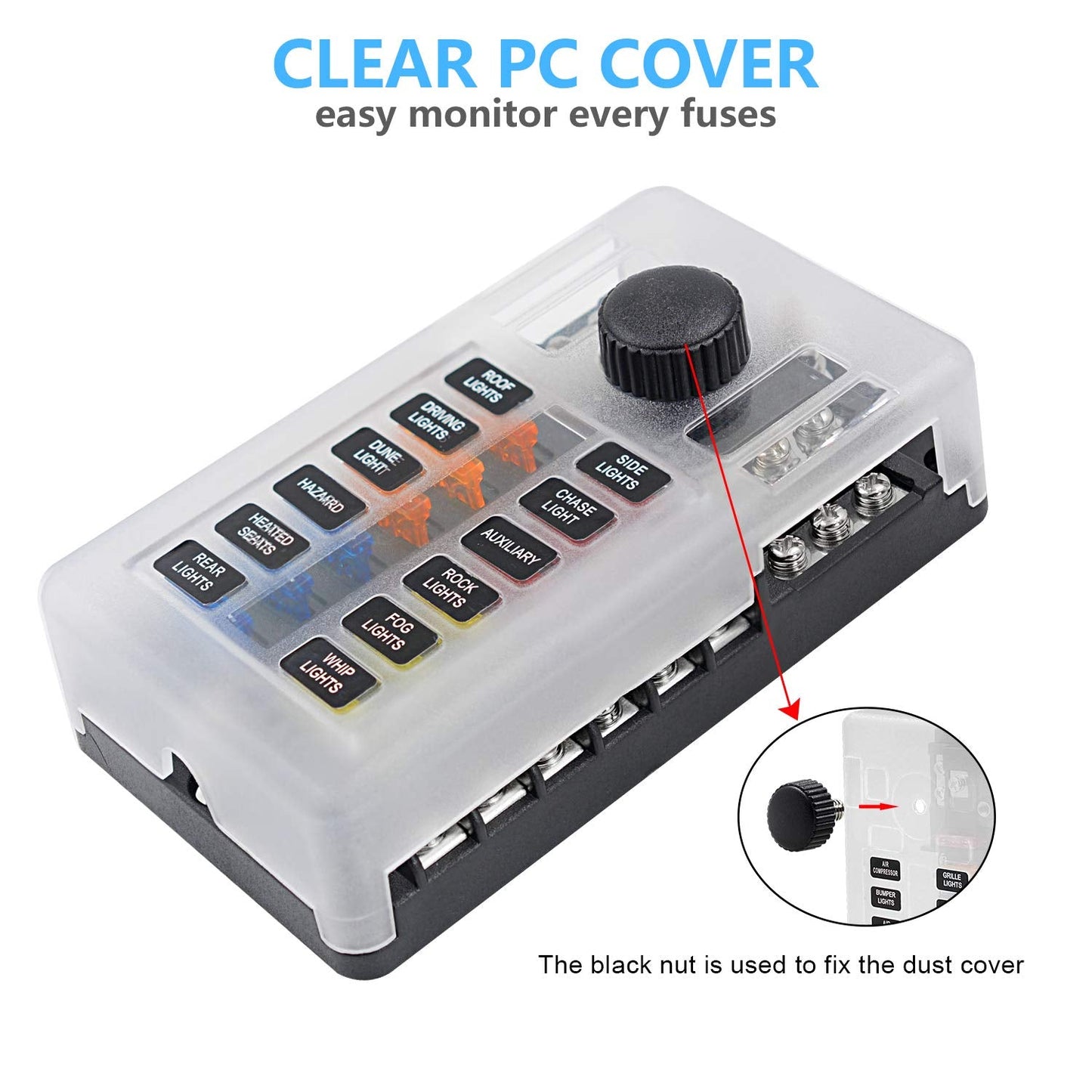 12 Way 12V Fuse Box 12Volt Blade Fuse Block Holder, 12 Circuit W/Negative Bus Waterproof Fuse Box with LED Indicator for 12V/24V Automotive Golf Cart Truck Car Boat Marine RV Van Vehicle