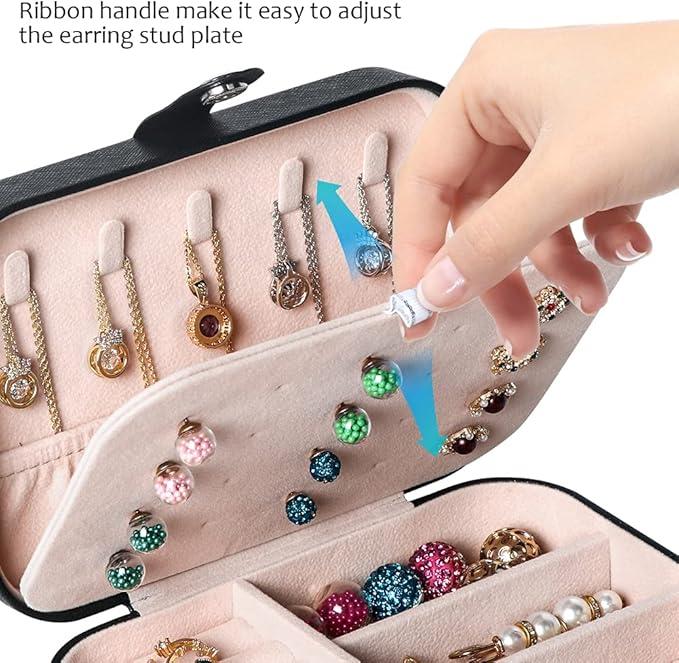 Hatori Travel Jewelry Box, PU Leather Small Jewelry Organizer for Women Girls, Portable Mini Travel Case Display Storage Holder Boxes for Stud Earrings, Rings, Necklaces, Bracelets (Black Beige)
