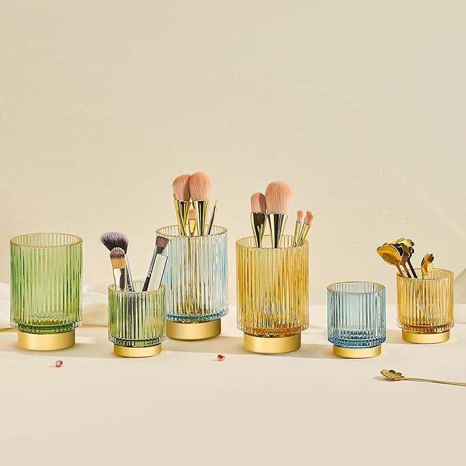 Makeup Brush Holder Organizer,Toothbrush Holders,Desk Pen Pencil Holder,Multifunctional Vintage Glass Brush Cup（S+L/Gold/A3-2-US）