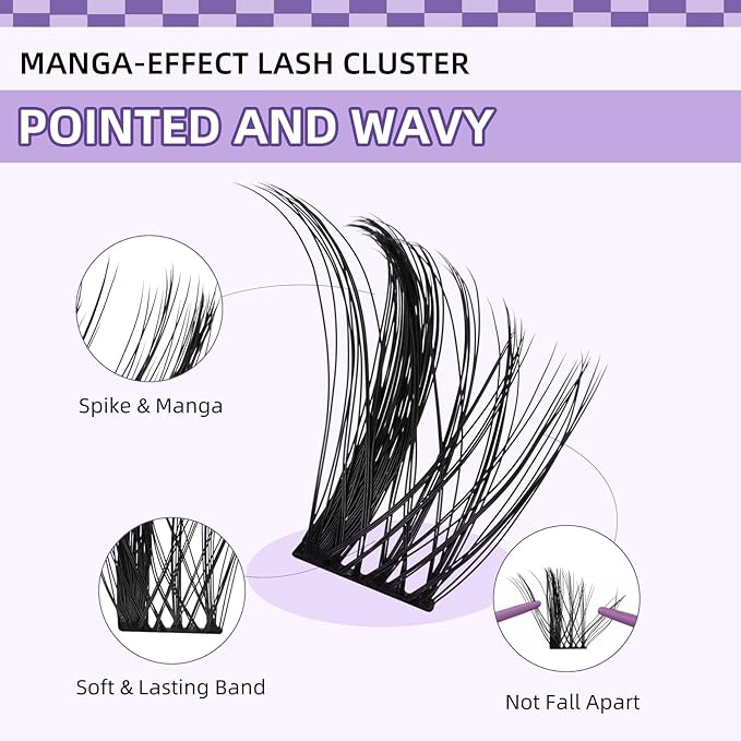 B&Q Manga Lashes Clusters Anime Lashes 8-18mm Mixed 144pcs Eyelash extension Manga Style Lash Feature Side Spike Cat Eye Eyelash Clusters Perfect Choice for Beginners at Home (Lash-Anime 02)