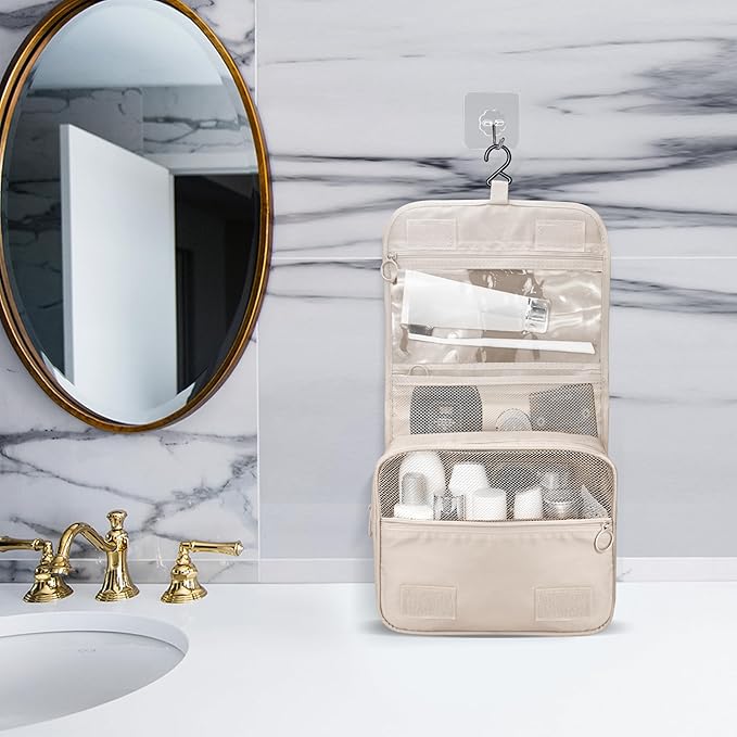 Large Capacity Toiletry Bag Travel Bag with Hanging Hook for Men and Women Waterproof Travel Cosmetic Bag Bathroom Storage Bag for Brushes Set, Full-Sized Shampoo,Accessories(Beige)