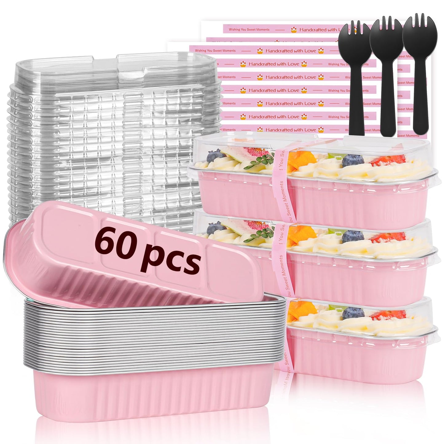 YQER 60 Pack Mini Loaf Pans with Lids and Spoons Sealing Sticker, 6.8oz Mini Cake Pans for Baking, Disposable Aluminum Foil Loaf Pans, Pink Loaf Baking Pans, Small Cake Containers With Lids
