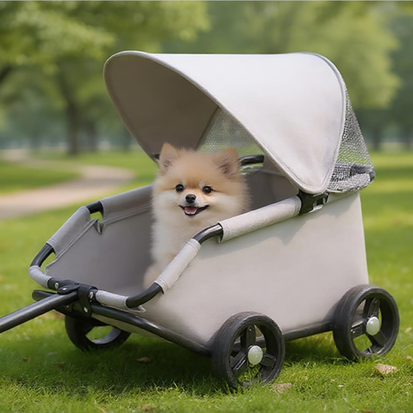 Luxury Pet Stroller, Gray, Foldable Design with Adjustable Canopy,Small Dog Wagon, for Small Dogs and Cats, with Extended Handle