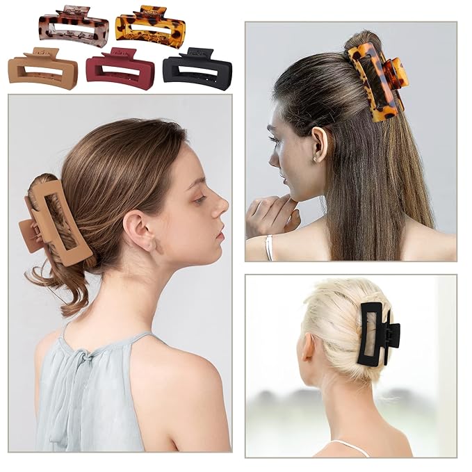 Mandydov 8 Pcs Large Hair Claw Clips 4.1 Inch Non-slip Big Square Matte Claws Leopard Print for Women, Strong Hold Banana Clips for Thick Thin Hair