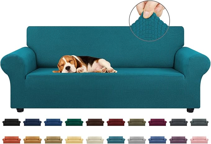 KEKUOU Stretch Sofa Cover Slipcover ，Couch Covers for 3 Cushion Couch Sofa pet Friendly (78"-94") Furniture Protector Sofa with Elastic Bottom for Kids,Dog, Jacquard Small Checked(Large,Peacock Blue)