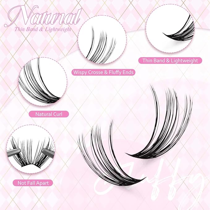 FADLASH Natural Lash Clusters Kit Individual Wispy Eyelash Clusters D Curl with Lash Bond and Seal Lash Glue Remover and Eyelash Tweezer for Beginners DIY at Home (40D-0.07D, 12-18mm, Kit)