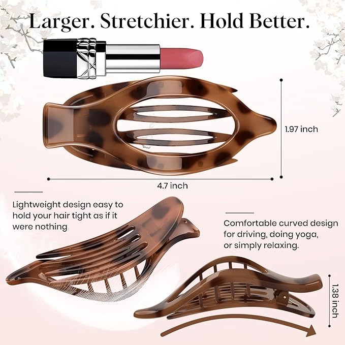 4 PCS Large Flat Hair Clips for Women Girls, French Concord Lay Down Claw Clips Strong Hold for Thick Thin Hair, Comfortable Curved Flat Clip, Leopard Print Stylish Hair Accessories, Tortoise