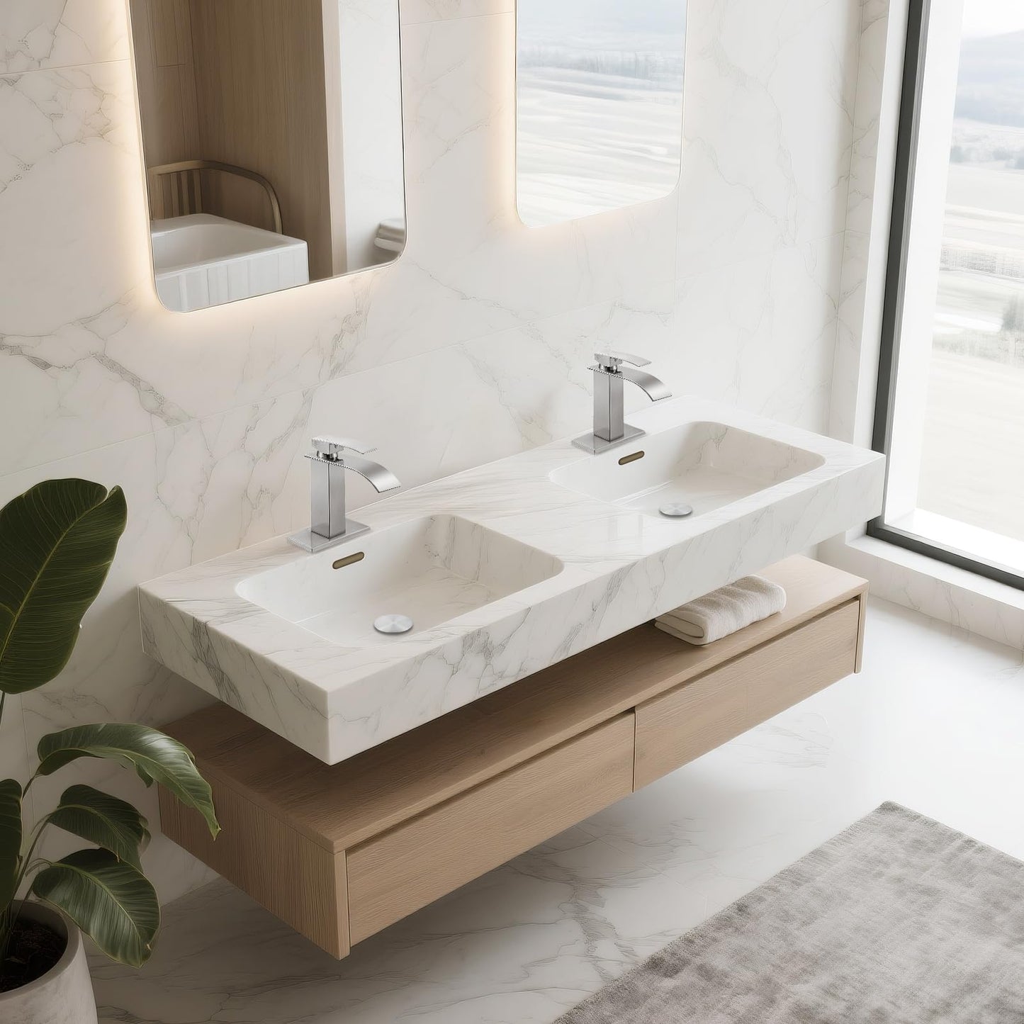 RNDIOZD Brushed Nickel Bathroom Faucets *2, Waterfall Bathroom Sink Faucet Modern Single Handle Bathroom Faucte 1 or 3 Hole, RV Mixer Tap Vanity Faucet - Includes Pop-up Drain