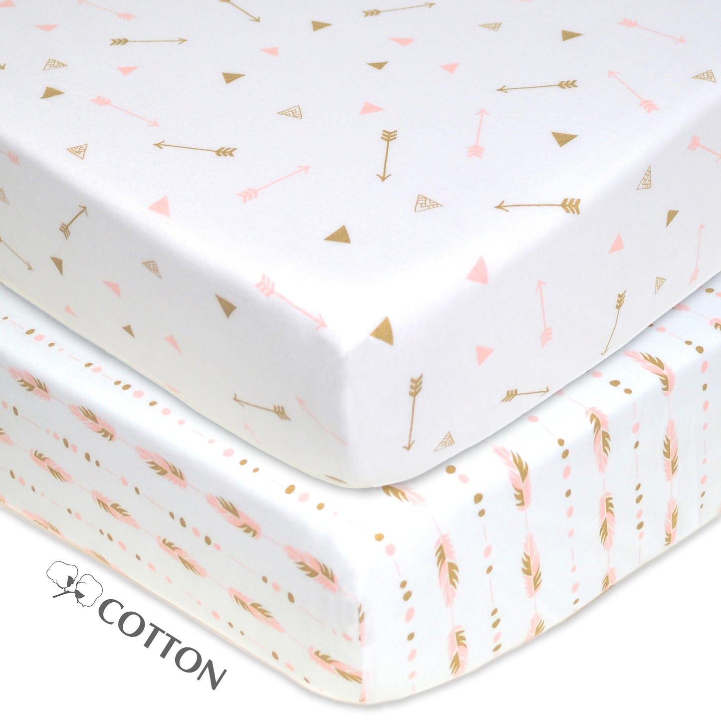 American Baby Company 2 Pack Fitted Crib Sheets 28" x 52", Soft Breathable Neutral 100% Cotton Jersey Sheet, Sparkle Gold/Pink Feathers/Arrows, for Boys and Girls, Fits Crib and Toddler Bed mattresses