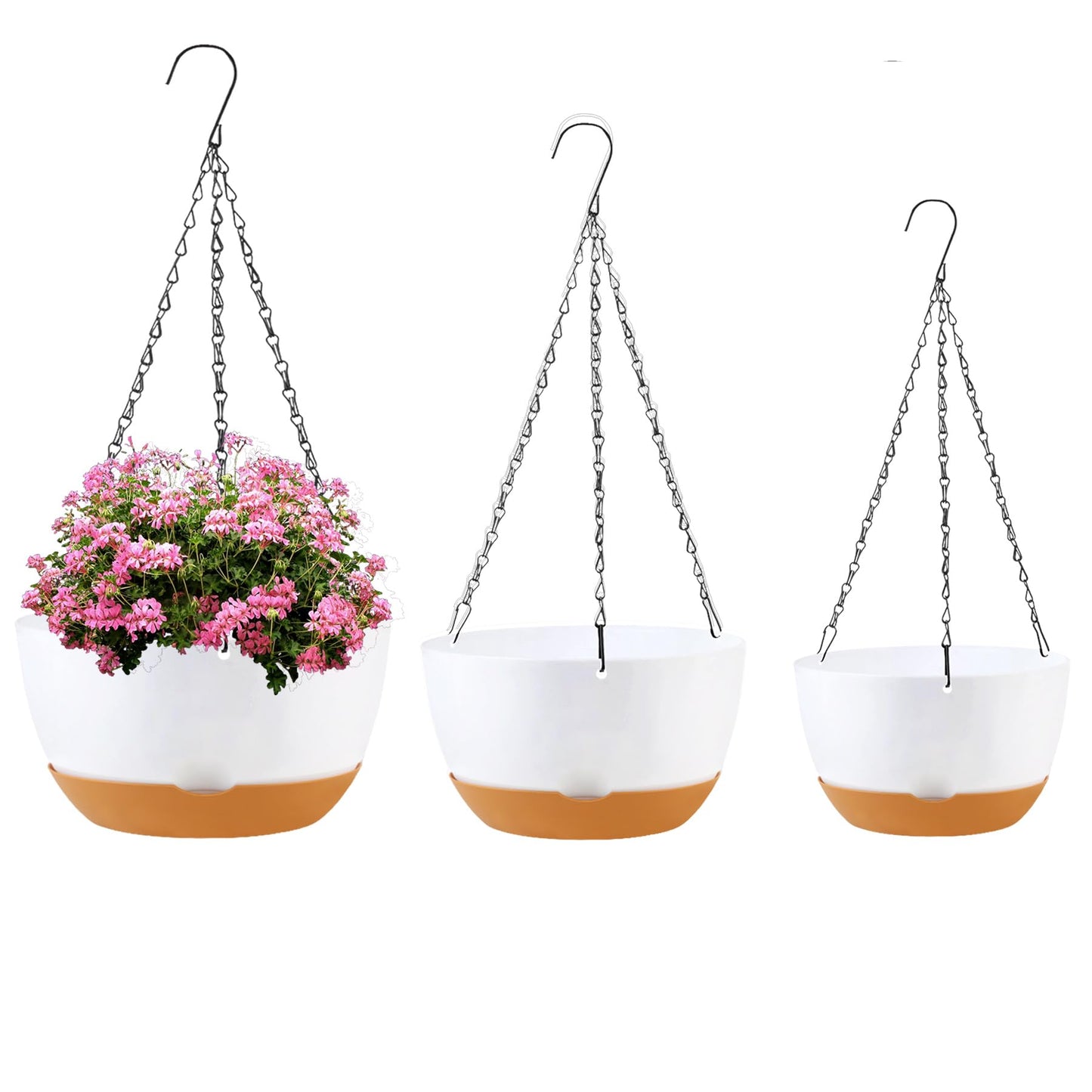 KPUVX 8/10/12 inch Hanging Planters for Indoor Outdoor Plants with Self-Watering Pots, 3 Pack Plastic Hanging Basket with Removable Tray for Home Garden Porch Balcony Patio Decor(White)