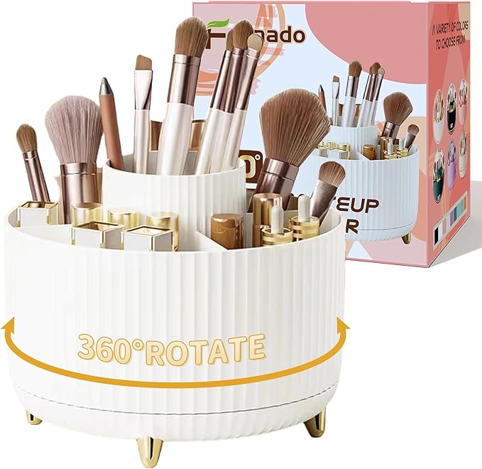 360° Rotate Makeup Brush Holder Organizer, Makeup Organizers Countertop, Makeup organization and Skincare Storage for Vanity, Desktop, Bathroom (White-1)