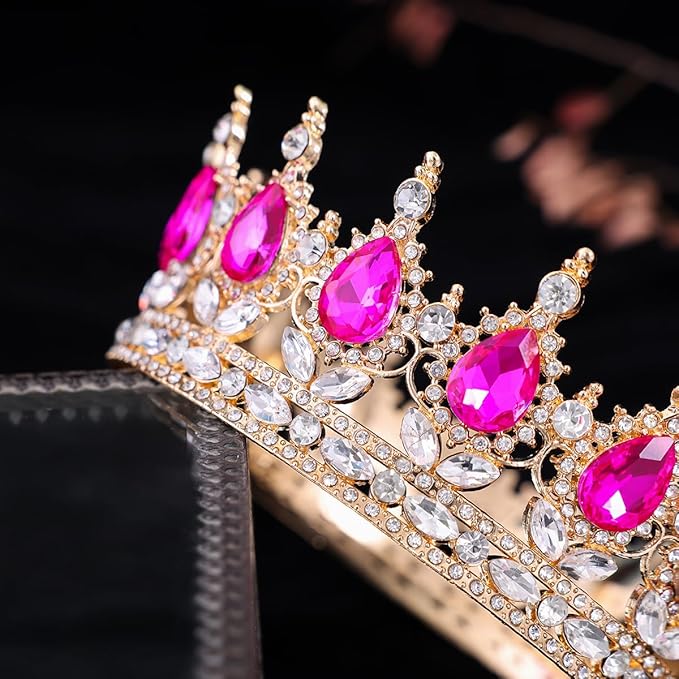 Hot Pink Queen Crown for Women Crystal Tiara for Women Rhinestone Wedding Headband for Bride Hair Accessories for Costume Birthday Party Prom Gifts