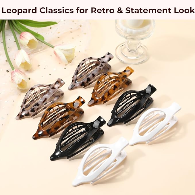 8 Pack Flat Tortoiseshell Hair Clips – French Style Matte Claw Barrettes for Women, Strong Hold Non-Slip Hair Accessories for Thick or Thin Hair, Chic Neutral Leopard Pattern