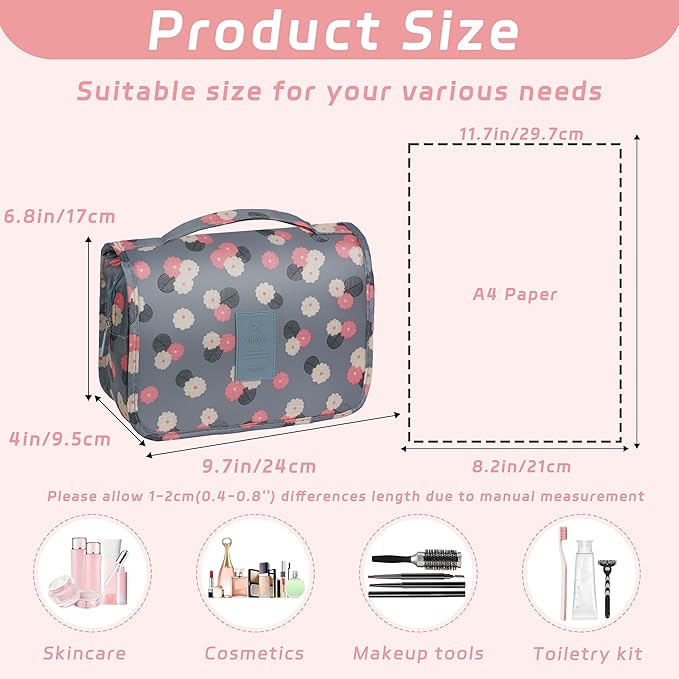 Toiletry Bag Travel Bag with Hanging Hook, Waterproof Capacity Hanging Multifunctional Makeup Bag for Toiletries, Portable Cosmetic Bag Travel Organizer for Women and Men(Blue Flower)