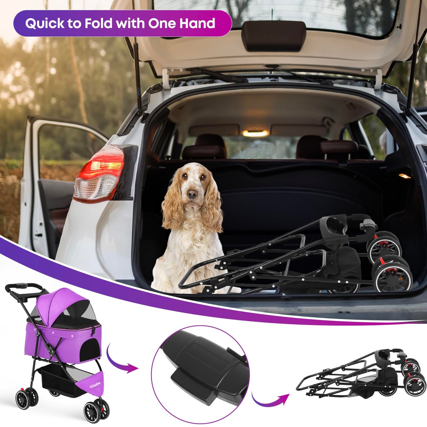 Pet Stroller,Dog Stroller for Small Medium Dogs Cats,3 Wheels,Foldable,with Breathable Mesh Canopy,Cup Holders,Easy Assembly,Purple