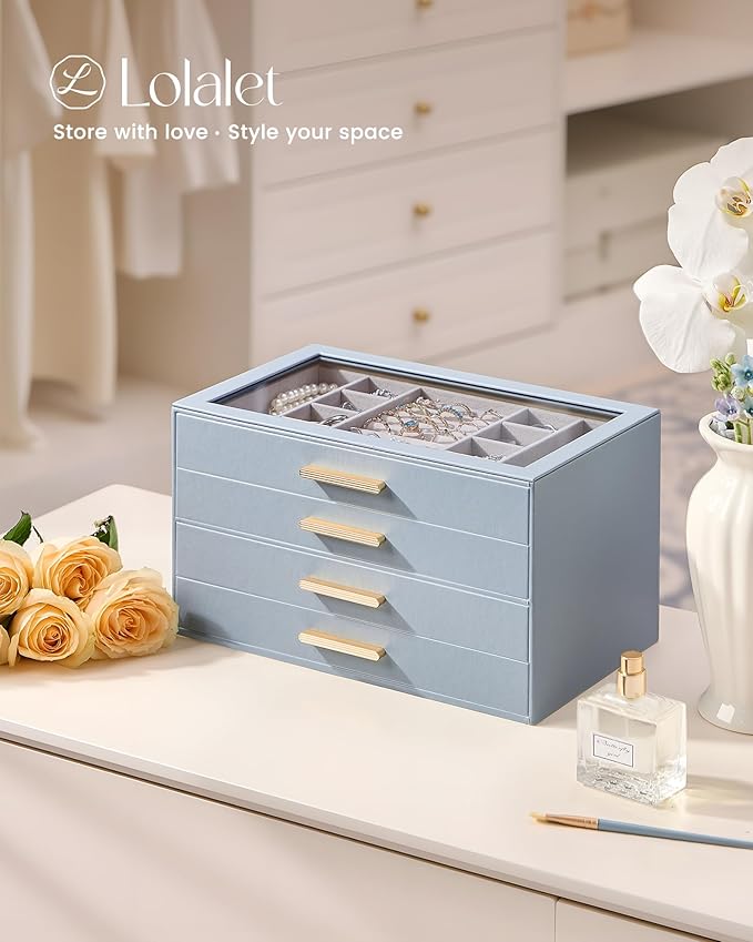 Lolalet Jewelry Box Organizer, 4-Layer Jewelry Organizers and Storage Case with Glass Lid, Ring Earring Bracelet Necklace Holder Organizer, Birthday Valentine Gifts for Women Girls -4Layer, HazeBlue