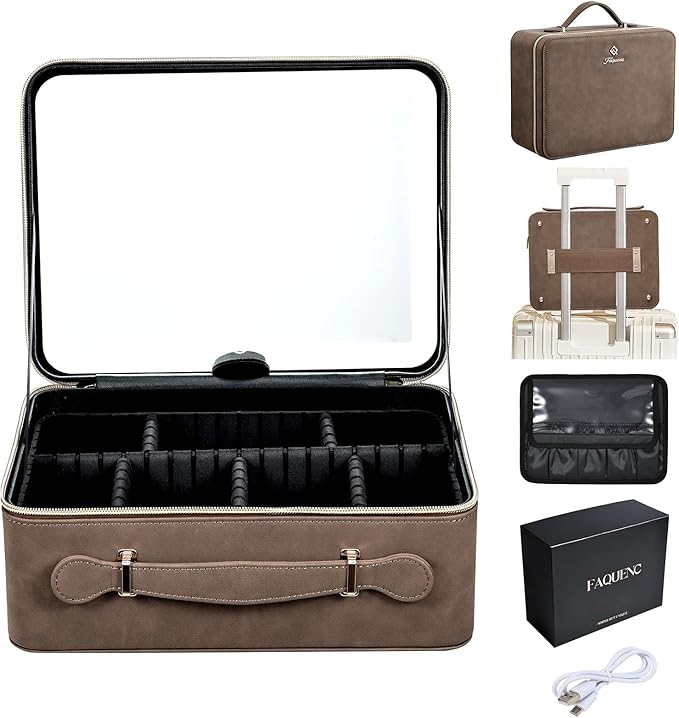 Faquenc Makeup Case with LED Lighted Mirror 11.4 Inch Travel Makeup Bag Adjustable Brightness in 3 Colors Cosmetic Organizer Artist Storage Bag with Dividers Brush Holder Bag Vanity Grey
