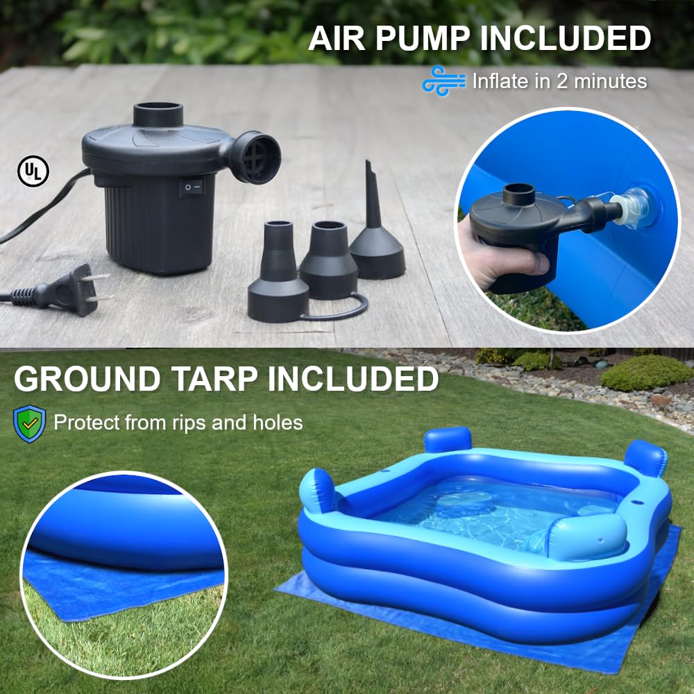 Inflatable Pool w/Seats & Headrests, 8ft x 8ft, Comes with Electric Pump and Ground Tarp Included - Fast Setup and Reinforced Seams