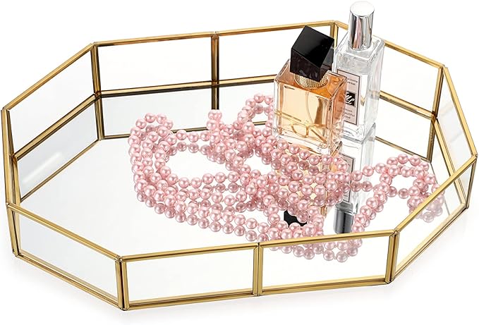 Hipiwe Gold Perfume Tray - Glass Mirror Makeup Tray Ornate Vanity Tray Dresser Tray Jewelry Trinket Organizer Tray for Bathroom Storage Tray for Home Decor,12.4"x 8.5"