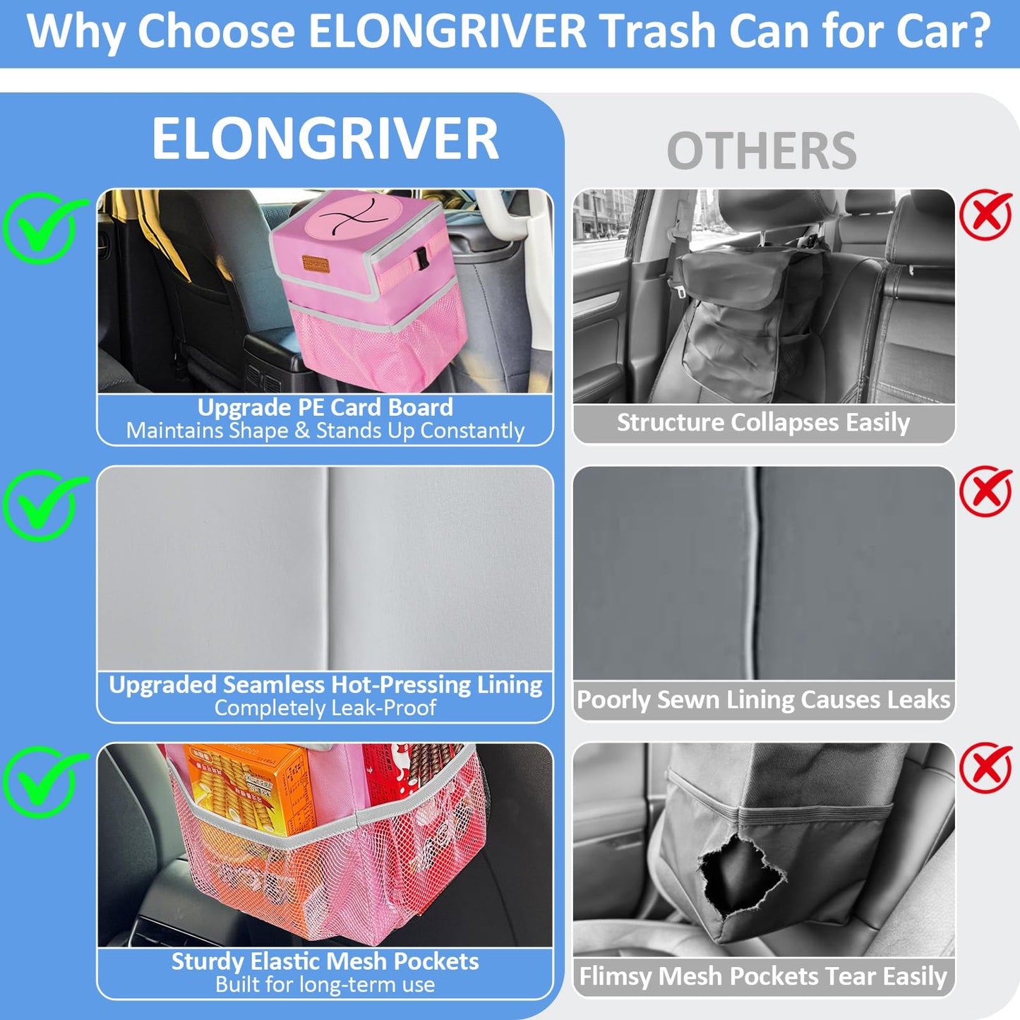 ELONGRIVER Car Trash Can Bin for Back Seat Leak Proof, Cute Car Trash Bag Hanging, Vehicle Trash Can for SUV Truck Van, Automotive Garbage Cans Front Seat Pink
