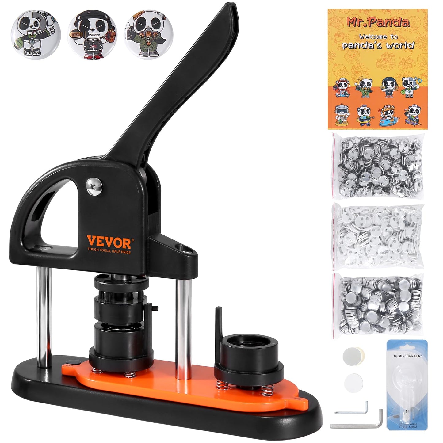 VEVOR Button Maker Machine, 25mm/1 inch Button Maker with 500pcs Button Parts, Ergonomic Arc Handle Punch Press Kit, Pin Maker with Panda Magic Book, for Children DIY Gifts and Christmas
