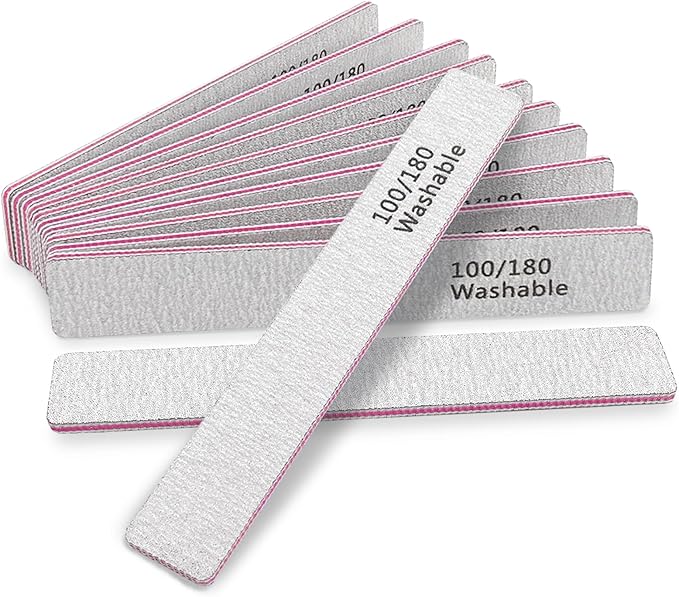 Nail File 12 PCS Professional Reusable 100/180 Grit Double Sides Washable Nail File Manicure Tools for Poly Nail Extension Gel and Acrylic Nails Tools Suit for Home Salon