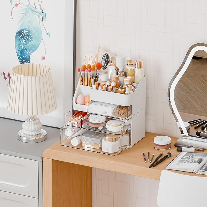 Yieach White Makeup Organizer Countertop With 4 Drawers,Large Cosmetics Storage Organizer for Brush,Hair Products,Plastic Makeup Holders and Beauty Skincare Organizers for Bathroom,Vanity,Dresser Top