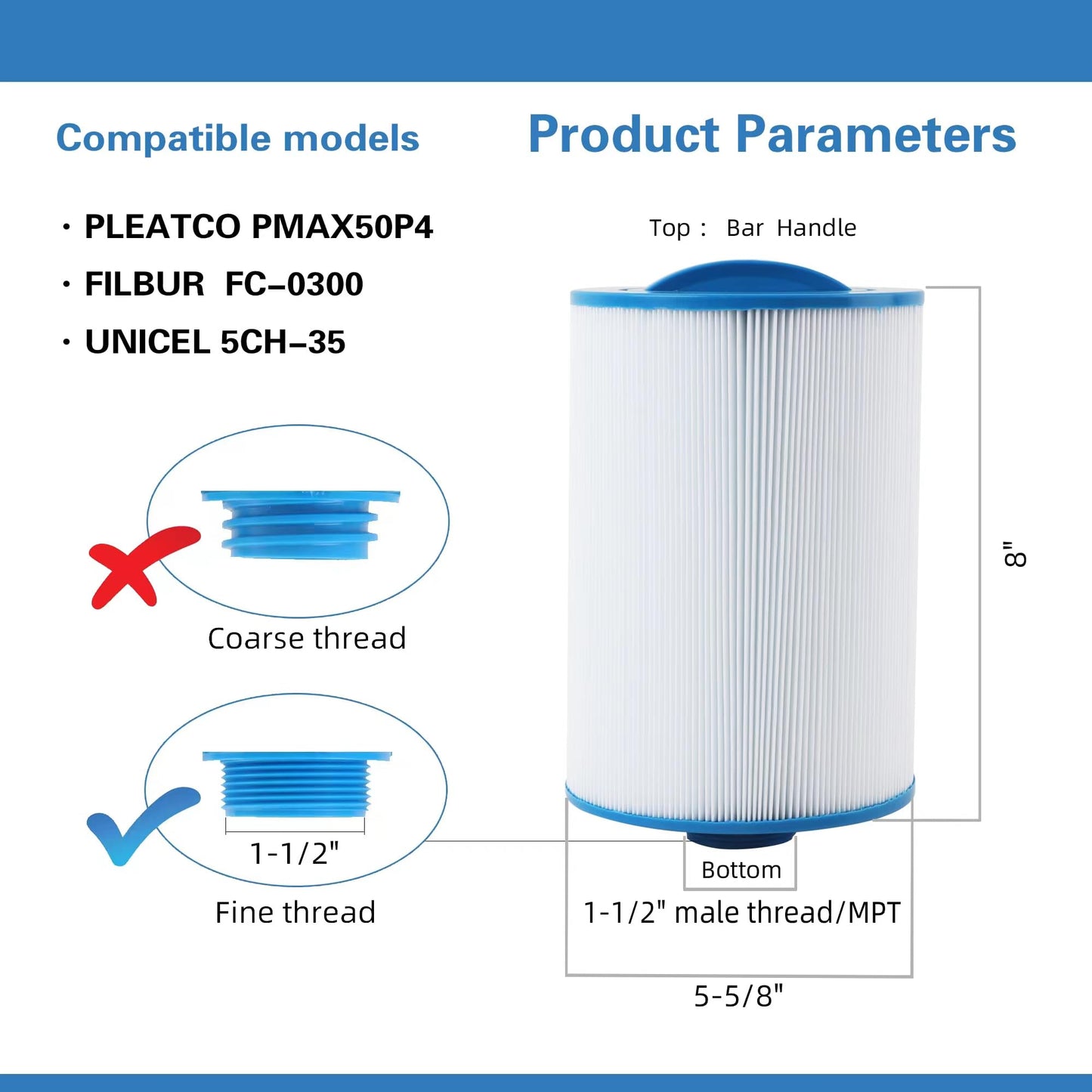 AmiBron PMAX50 Spa Filter, Compatible with PMAX50P4, PAS35P, FC-0300, 5CH-35, SD-00779, Replacement for Maax Spas of Canada, 1-1/2" Male Fine Thread 35 sq.ft. Hot Tub Filter 2 Pack